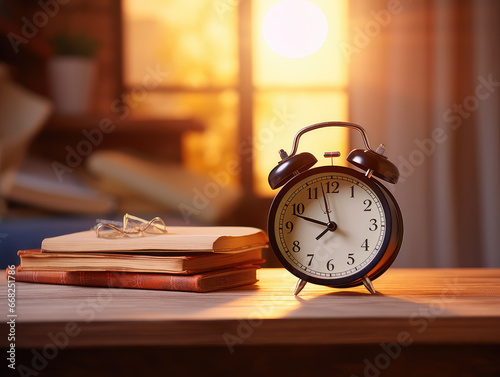 Teacher's Day with a concept image featuring a desk, book, and alarm clock. This picture encapsulates the essence of education, gratitude, and the importance of time management in the classroom.