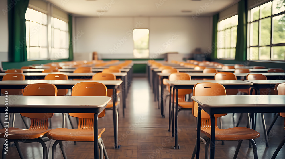 Empty Classroom interior. Back to school concept in high school. classroom of a daycare center without children and teacher Empty Classroom interior. Back to school concept in high school. classroom of a daycare center without children and teacher