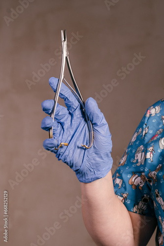 nuese in gloves holding ralk splinter forceps curved photo