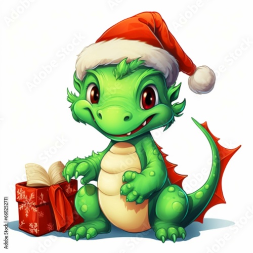 Funny cartoon friendly green dragon in a New Year s hat with a gift box on a white background. 