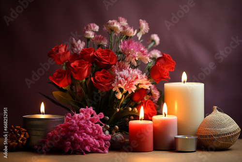 A group of lit aroma scented organic soy wax candles with beautiful flowers on a wooden table. Generative AI.