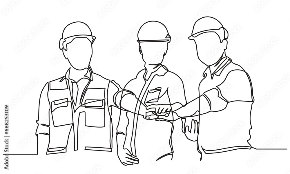 continuous line drawing of Engineer team to join hands together, accept agree cooperation and success concept.