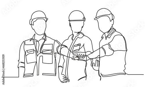 continuous line drawing of Engineer team to join hands together, accept agree cooperation and success concept.