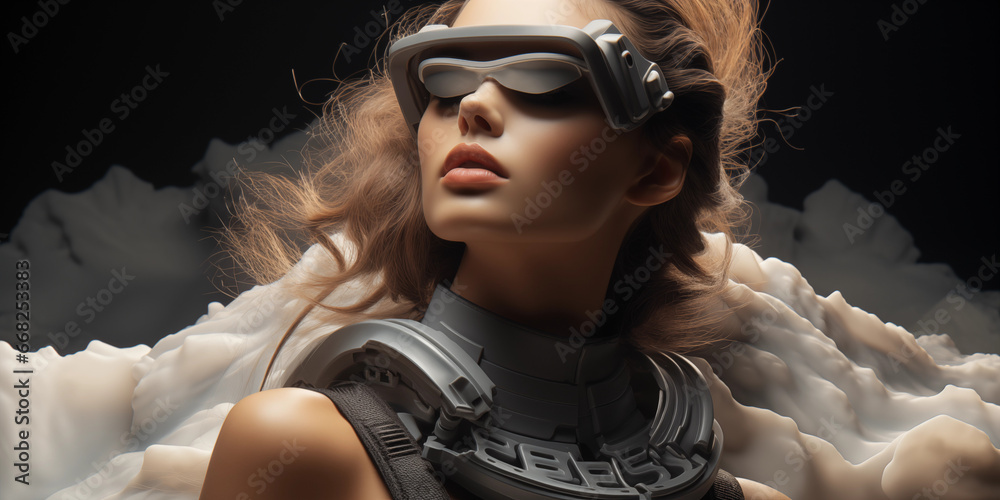Super sexy Model Frau mit Cyberspace Brille ganz entspannt mit futuristischen Hintergrund über den Wolken Nahaufnahme, ai generativ - obrazy, fototapety, plakaty 