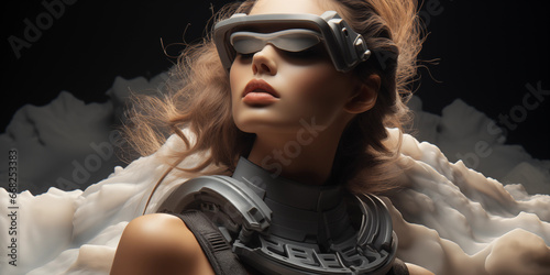 Super sexy Model Frau mit Cyberspace Brille ganz entspannt mit futuristischen Hintergrund über den Wolken Nahaufnahme, ai generativ