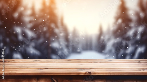 Winter table, empty wooden plank with fir trees and snow in the background. 
