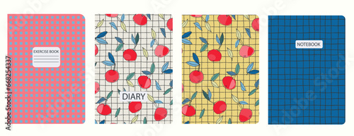 Set of cover page templates with apples, pea, hand drawn gridlines. Based on seamless patterns. Headers isolated and replaceable. Perfect for notebooks, notepads, diaries