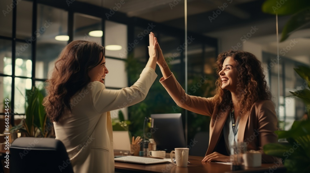 Successful business people giving each other high five in a meeting ...