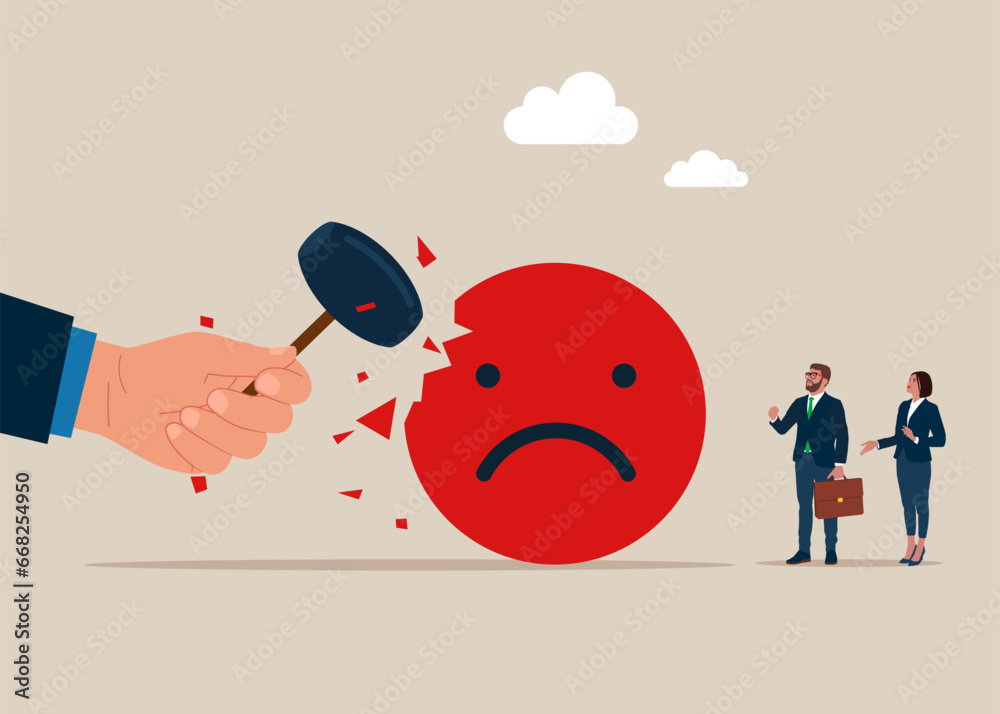 Hand uses sledgehammer and attack bad emoji sign. Review for product, rating to product. Flat vector illustration.