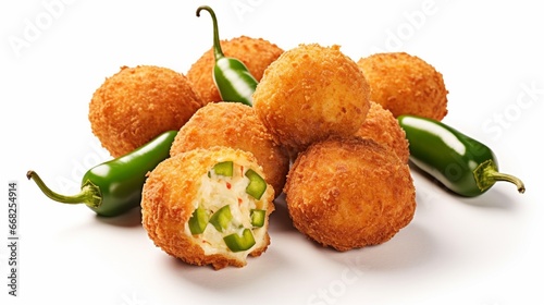 Crispy Cheese Jalapeno Bacon Bites with Cheddar and Jalapeno. Halopena with fried cheese balls on a white, isolated background.