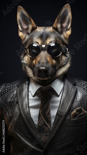 Dog, German Shepherd, dressed in a leather jacket and wearing sunglasses. Fashion portrait of an anthropomorphic animal, wolf, posing with a charismatic human attitude