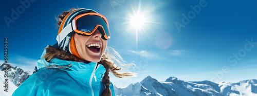 Frau Skifahren, Snowboard, Lachen, Skibrille, Jacke, Berge, Kalt, generative AI	
 photo