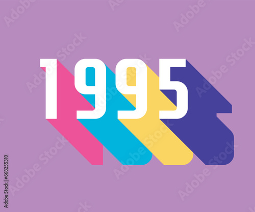 Colorful nineties lettering with colorful long shadow, retro and nostalgic color palette, 1995