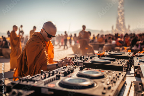 Selective focus at the back of Thai monks with orange Buddha uniform attend techno party play with controllers, turntables and DJ mixers in the middle of desert.

 photo