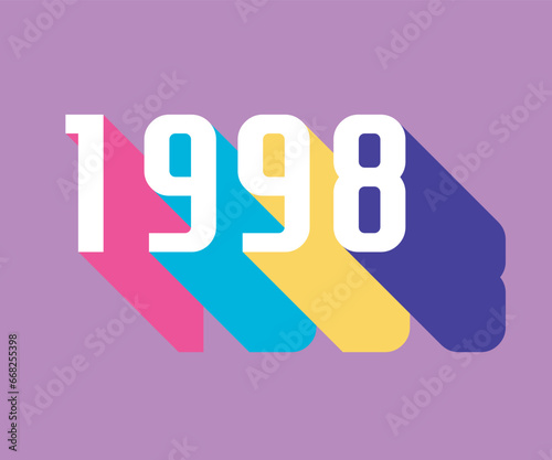 Colorful nineties lettering with colorful long shadow, retro and nostalgic color palette, 1998