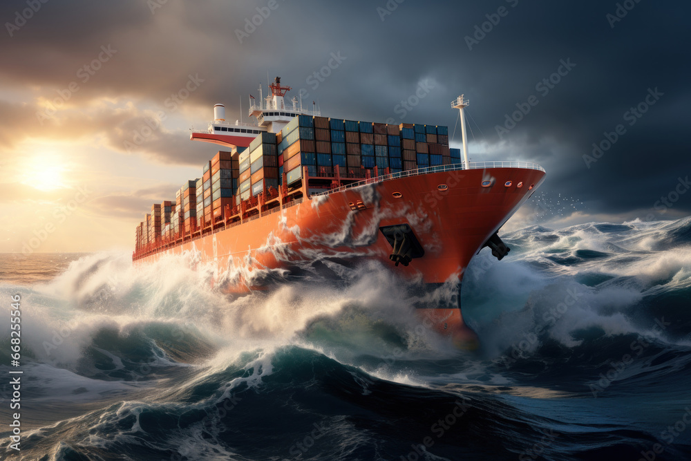 Container cargo ship on the sea with extremes storm. generative ai - obrazy, fototapety, plakaty 