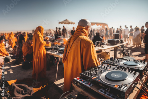 Selective focus at the back of Thai monks with orange Buddha uniform attend techno party play with controllers, turntables and DJ mixers in the middle of desert.