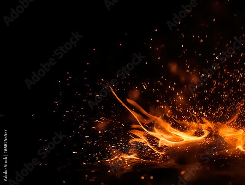 Perfekte Feuerpartikel, Glut, Funken auf schwarzem Hintergrund. Texturüberlagerungen, generative AI	
 photo