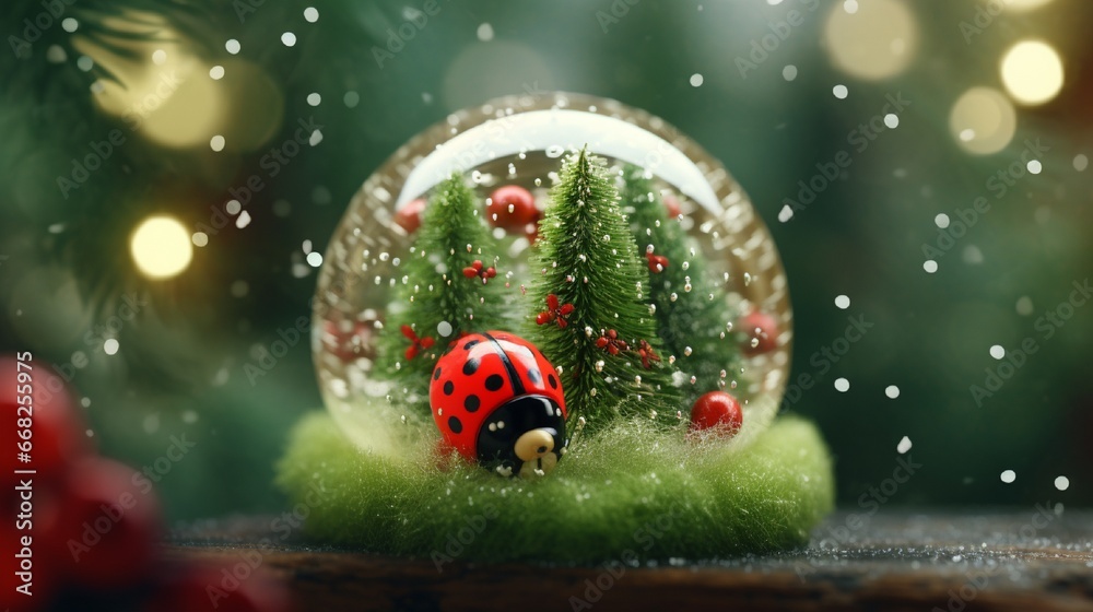 Christmas or New Year greeting card. Glass transparent ball lady bug inside with decorative Christmas trees around on snow covered moss with winter forest at background. Xmas holidays Christmas or New Year greeting card. Glass transparent ball lady bug inside with decorative Christmas trees around on snow covered moss with winter forest at background. Xmas holidays
