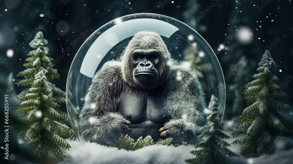 Christmas or New Year greeting card. Glass transparent ball gorilla inside with decorative Christmas trees around on snow covered moss with winter forest at background. Xmas holidays - obrazy, fototapety, plakaty 