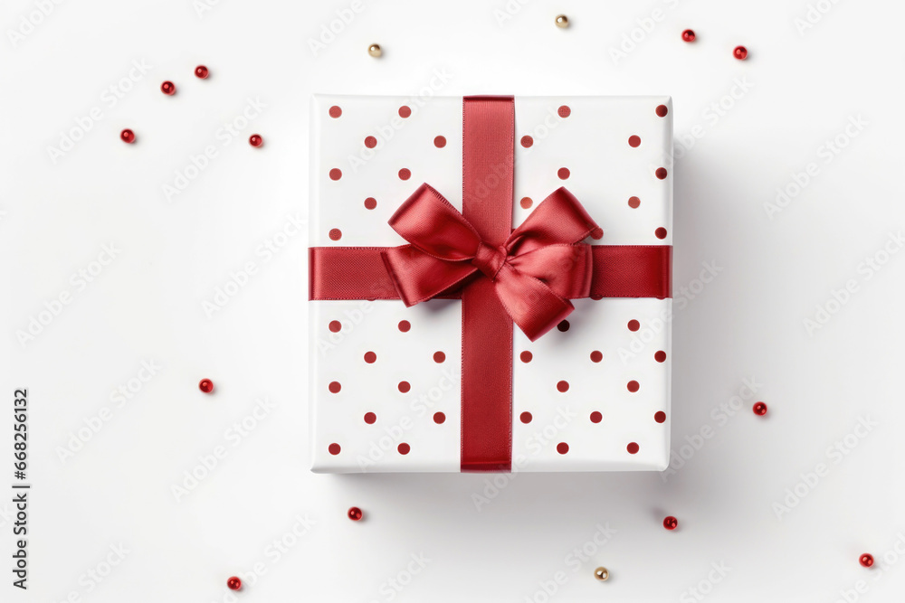 White gift box with red ribbon bow isolated on white background with confetti. Christmas present. Top view. White gift box with red ribbon bow isolated on white background with confetti. Christmas present. Top view.