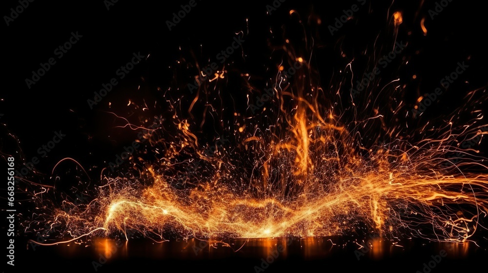 Perfekte Feuerpartikel, Glut, Funken auf schwarzem Hintergrund. Texturüberlagerungen, generative AI
Perfekte Feuerpartikel, Glut, Funken auf schwarzem Hintergrund. Texturüberlagerungen, generative AI
