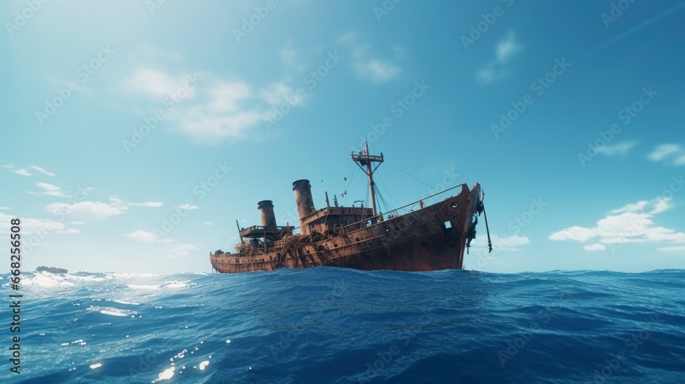 majestic rusty ship floating in the middle of the lost and old sea with a beautiful sky in high resolution and sharpness majestic rusty ship floating in the middle of the lost and old sea with a beautiful sky in high resolution and sharpness