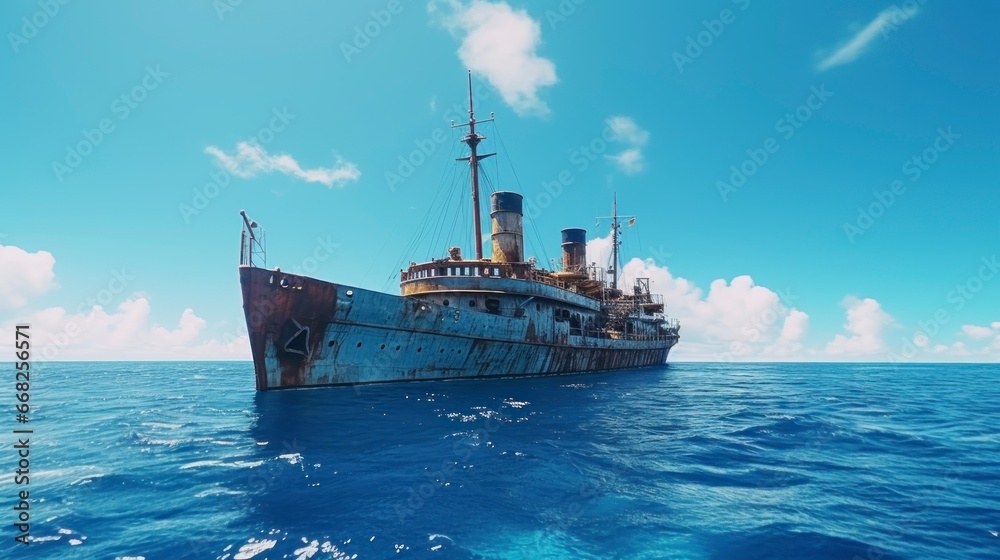 majestic rusty ship floating in the middle of the lost and old sea with a beautiful sky in high resolution
