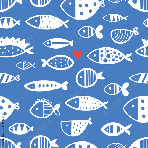 Cute retro seamless pattern with fish and heart on blue background. Can be used in textile industry, paper, background, scrapbooking.Vector.