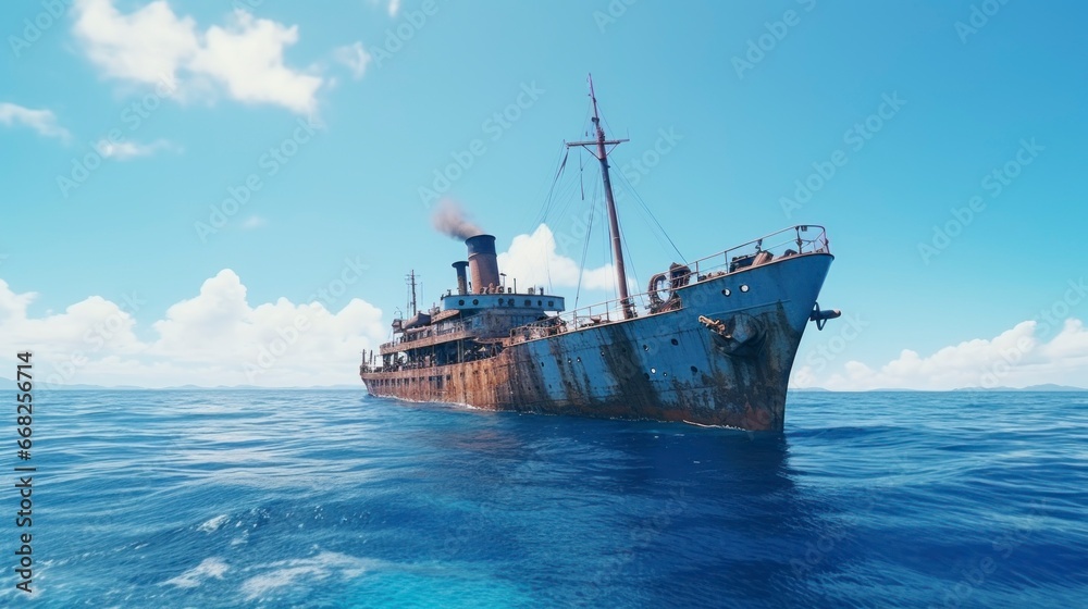 majestic rusty ship floating in the middle of the sea lost and old majestic rusty ship floating in the middle of the sea lost and old