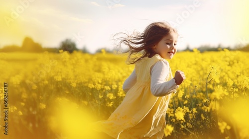 little girl in yellow dress running on a meadow with yellow flowers with a beautiful blue sky © Marco