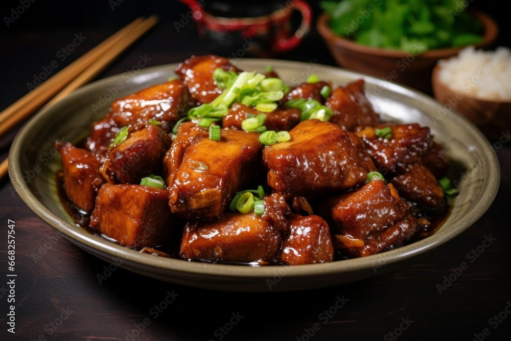 Tangy Chinese dish pork. Asian meal table. Generate Ai Tangy Chinese dish pork. Asian meal table. Generate Ai