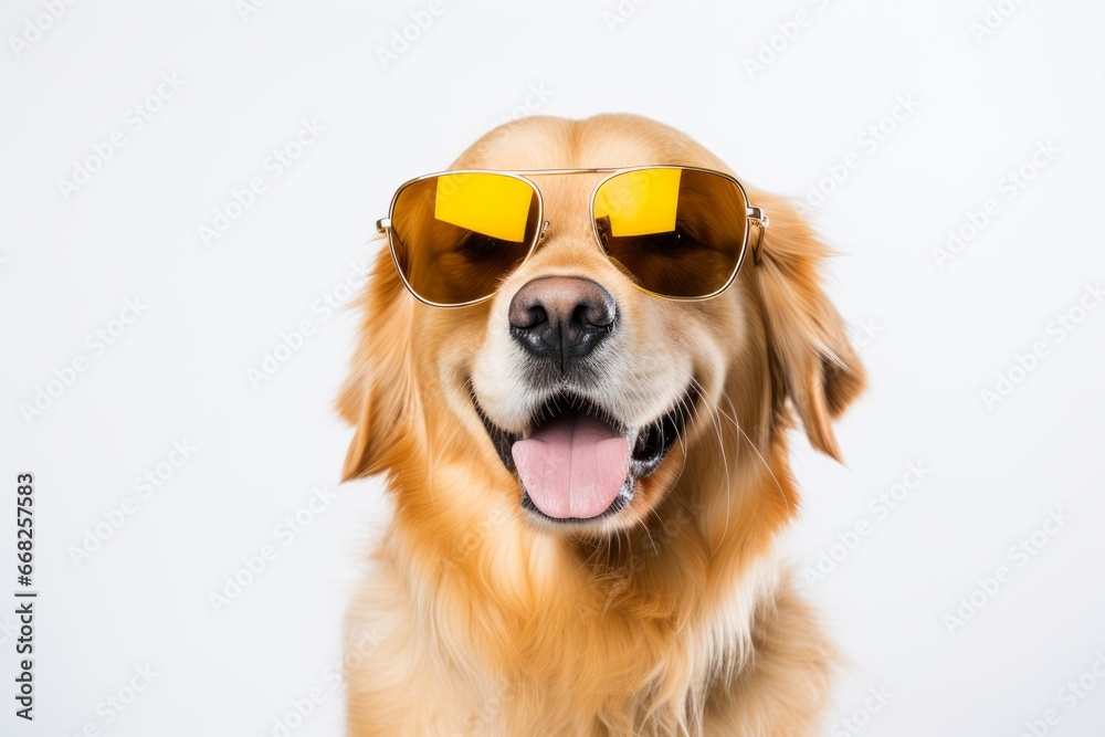 Photo of a Golden Retriever in sunglasses, striking a cool pose on a pristine white backdrop. Generative AI