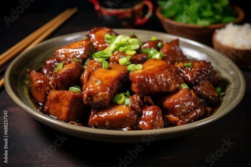 Tangy Chinese dish pork. Asian meal table. Generate Ai photo