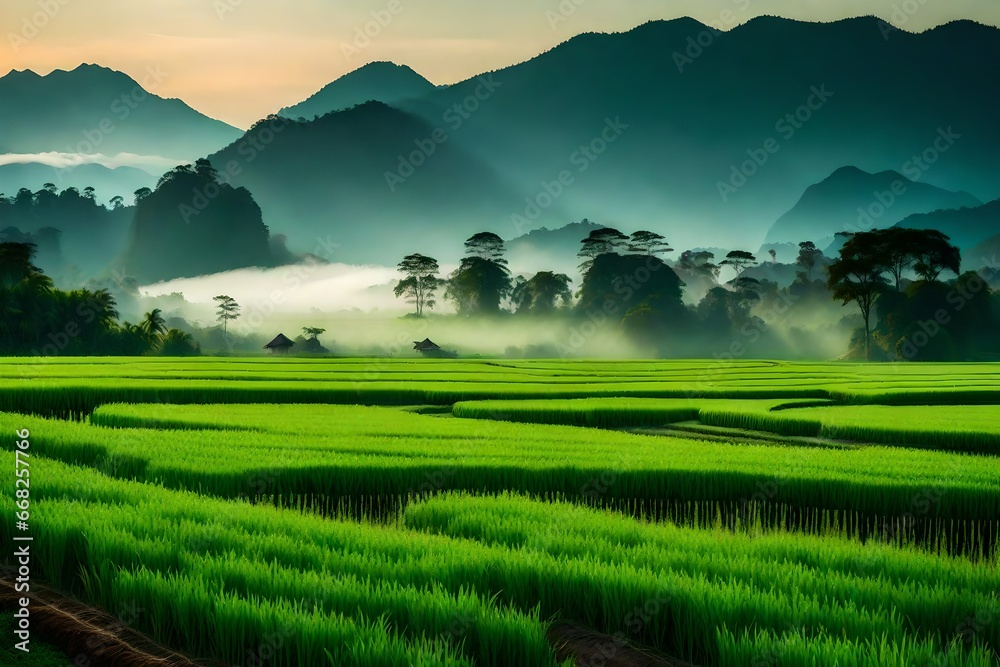 A Background of lush rice fields, mountains, and fog