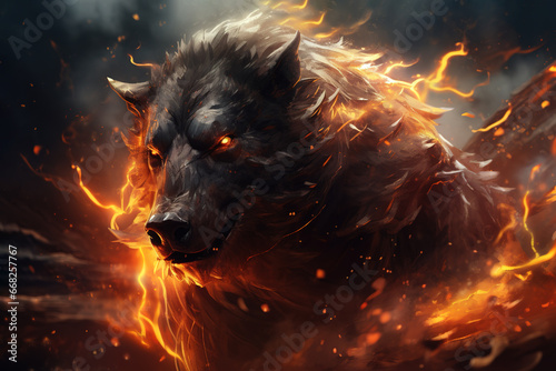 Image of abstract fantasy of boar is angry with a hot fire. Wildlife Animals.