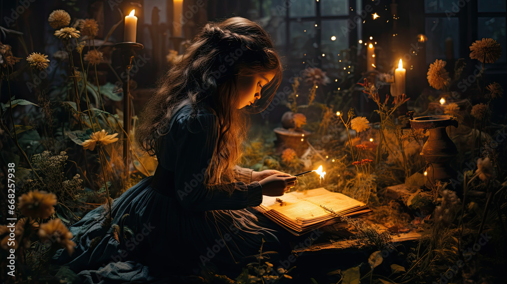 A young girl holds a candle over a book and reads