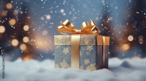 Beautiful Christmas gift boxes with gold ribbon with winter background with snow. © Kowit