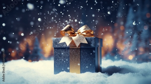 Beautiful Christmas gift boxes with gold ribbon with winter background with snow. © Kowit