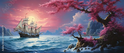 painting style illustration, sailing boat in rough sea with flower blossom, generative Ai