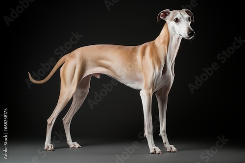 Photo of a graceful Greyhound in a sleek  elegant stance against a clean white background. Generative AI