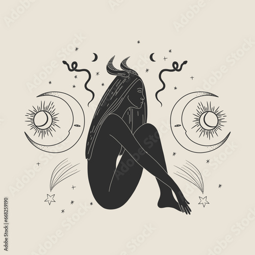 Vintage vintage engraving style. Abstract woman silhouette. Spiritual origin of the universe of magic and space, phases of the moon