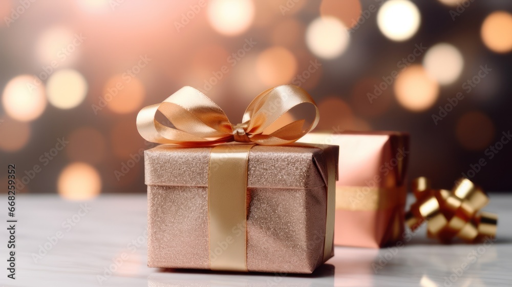 boxes with gifts on the background of Christmas lights. boxes with gifts on the background of Christmas lights.