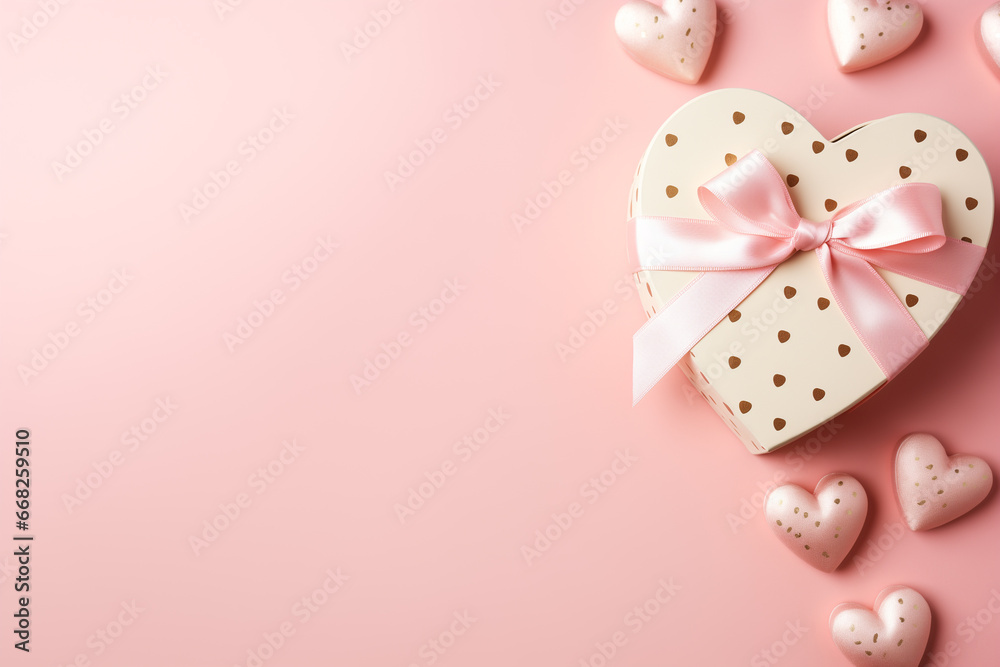 festive layout with hearts and a gift with ribbons on a pastel background. copy space. top view. flat lay. concept of mother's day, valentines day, eighth of march