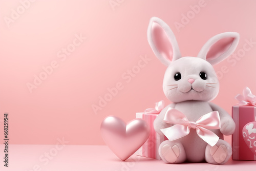 gift with a pink bow and a cute little bunny on a pastel background. gift for Valentine's Day or Easter. copy space.