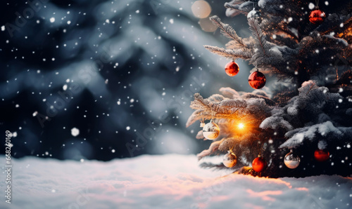 Christmas tree with lights on the snow at night  in an open winter forest  Christmas postcard.