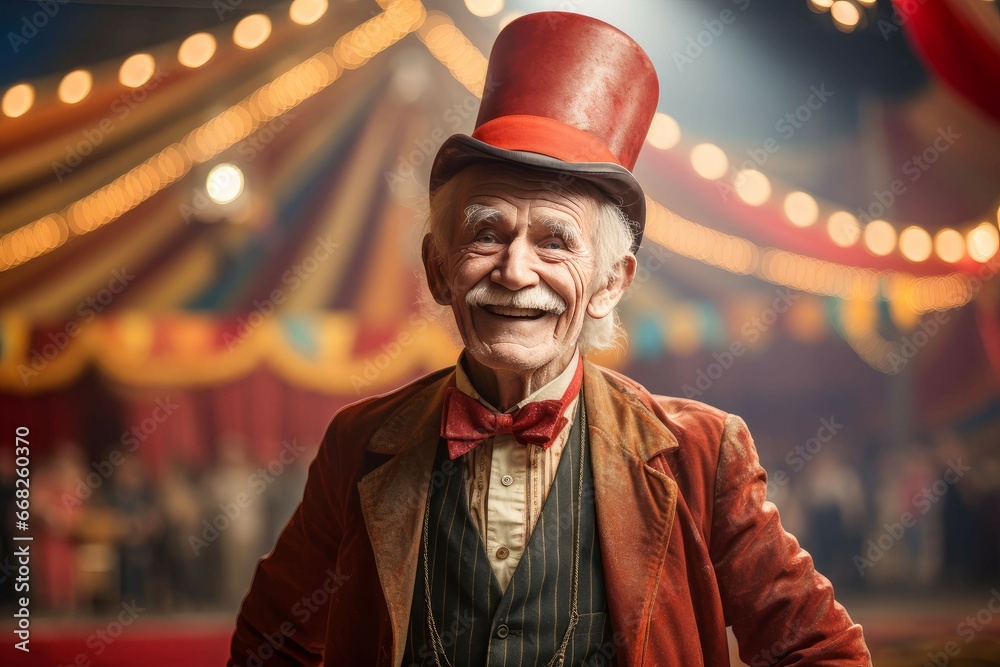 Agile Circus tent arena performer old man. Poster show. Generate Ai