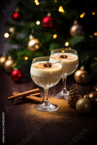 festive two glasses filled with creamy egg nog, garnished with a sprinkle of nutmeg and a cinnamon stick, set against the backdrop of a decorated Christmas tree and twinkling fairy lights.