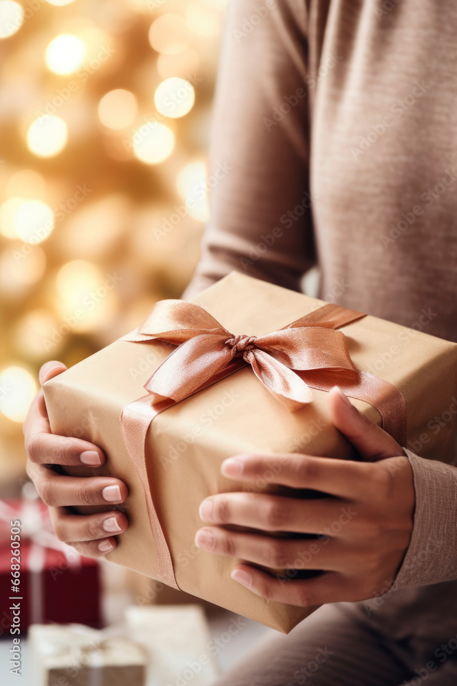 Close up of a Young man giving a gift box to his surprised happy woman. Hands of young couple giving and receiving a christmas gift box to each other