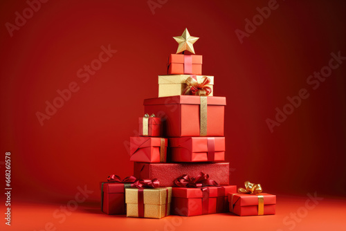 Red christmas presents and gifts wrapped with red and gold paper stacked into a festive christmas tree shape on minimalist red background